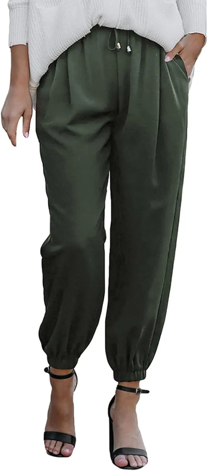 Womens Cotton Linen Summer Loose Flowy Palazzo Pants Elastic Waist Stretchy Loose Fit Trousers Work Business