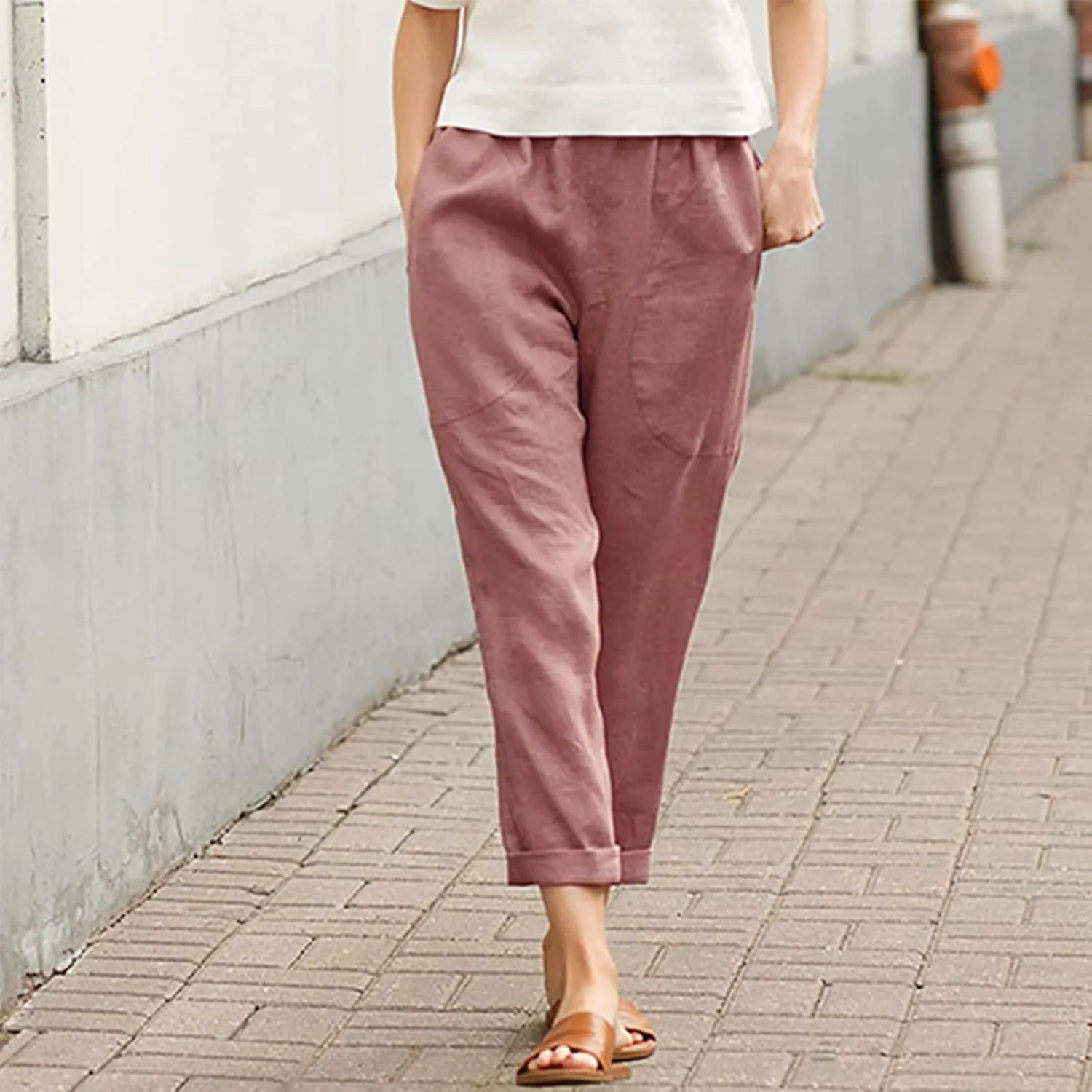 Women's Cotton Linen Summer Palazzo Palazzo Pants Elastic Waisted Bootcut Slim Fit Pants Business Work