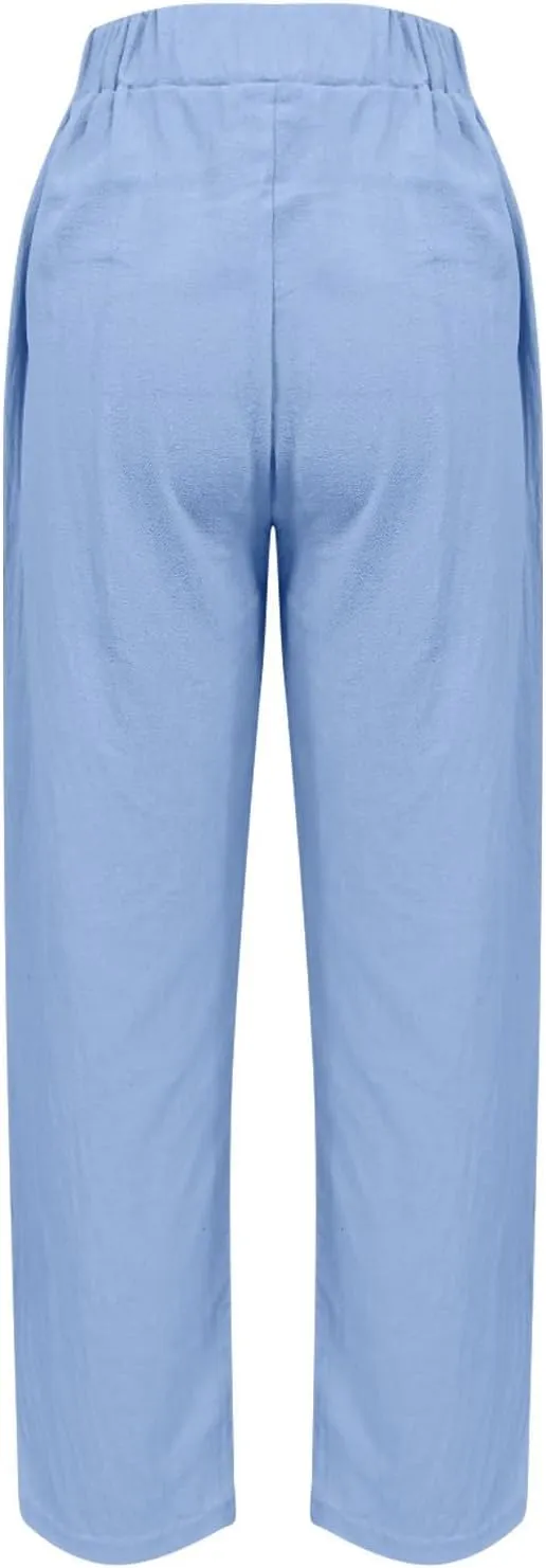 Womens Cotton Linen Summer Y2K Fashion Palazzo Pants Elastic Waist Bootcut Slim Fit Palazzo Lounge Pants Travel