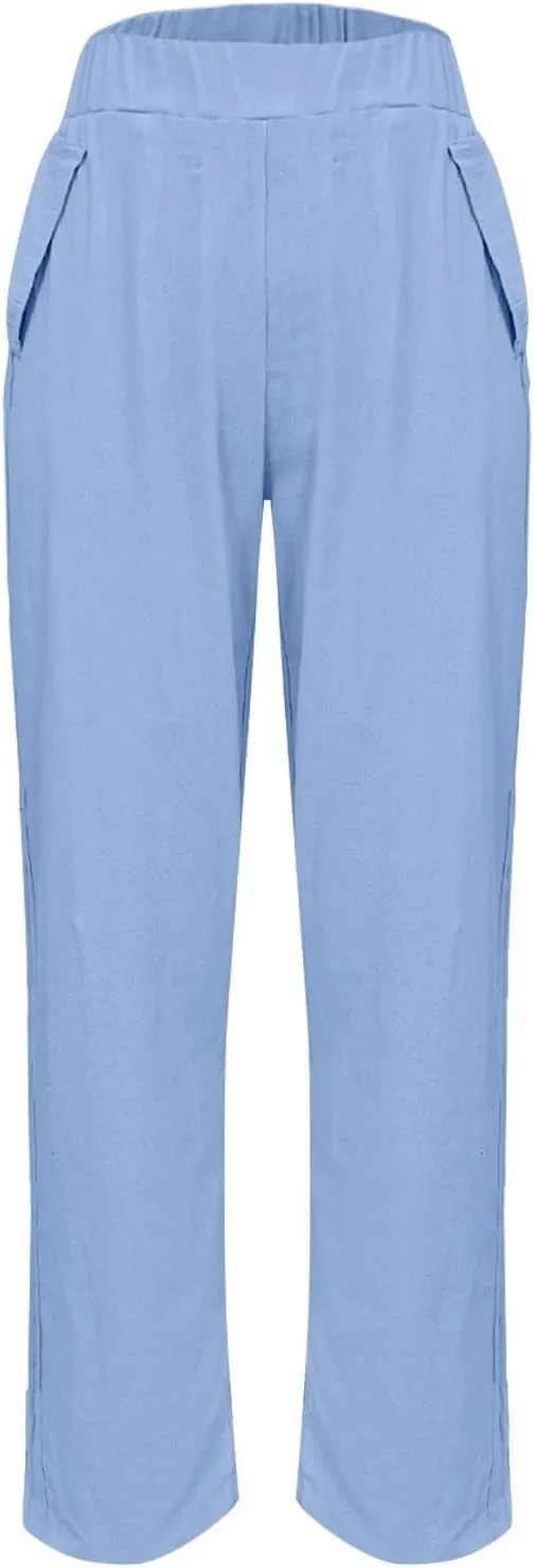 Womens Cotton Linen Summer Y2K Fashion Palazzo Pants Elastic Waist Bootcut Slim Fit Palazzo Lounge Pants Travel
