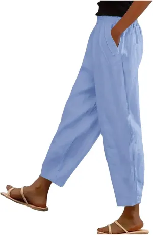 Womens Cotton Linen Summer Y2K Fashion Palazzo Pants Elastic Waist Bootcut Slim Fit Palazzo Lounge Pants Travel