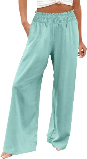 Womens Cotton Twill Pants Women Linen Palazzo Pants Wide Leg High Waist Summer Casual Boho Trousers