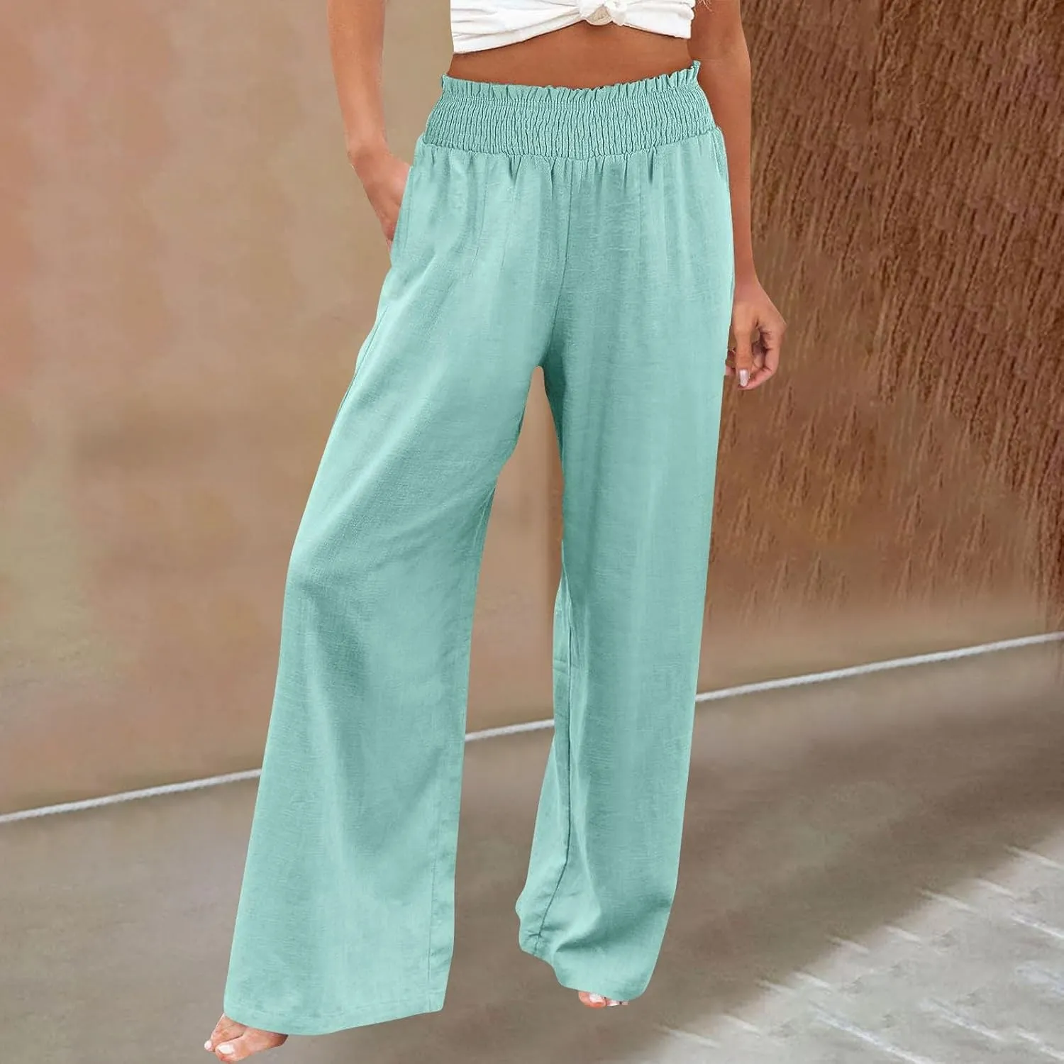 Womens Cotton Twill Pants Women Linen Palazzo Pants Wide Leg High Waist Summer Casual Boho Trousers