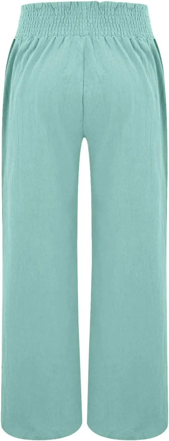 Womens Cotton Twill Pants Women Linen Palazzo Pants Wide Leg High Waist Summer Casual Boho Trousers