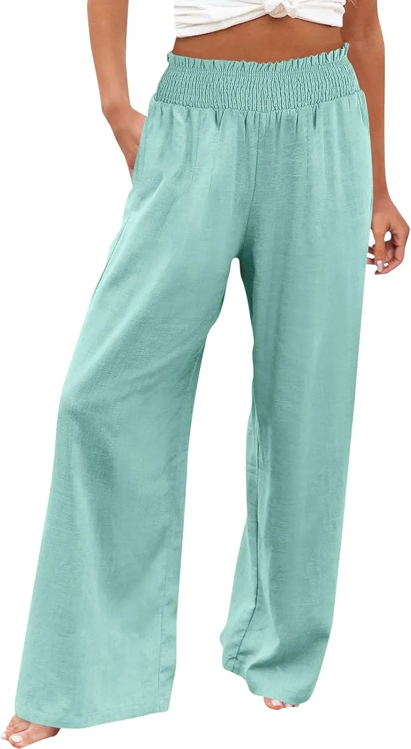 Womens Cotton Twill Pants Women Linen Palazzo Pants Wide Leg High Waist Summer Casual Boho Trousers