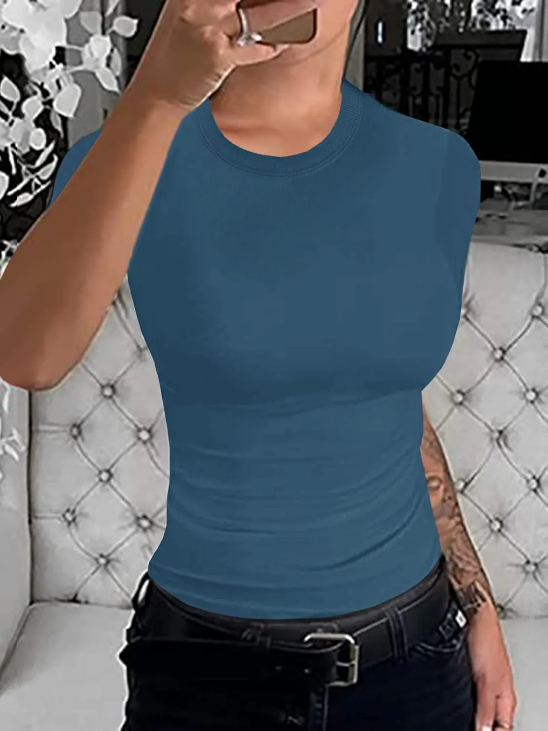 Womens Crewneck Short Sleeve Ribbed T-Shirt Slim Fit Tops Solid Basic Tee