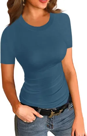 Womens Crewneck Short Sleeve Ribbed T-Shirt Slim Fit Tops Solid Basic Tee