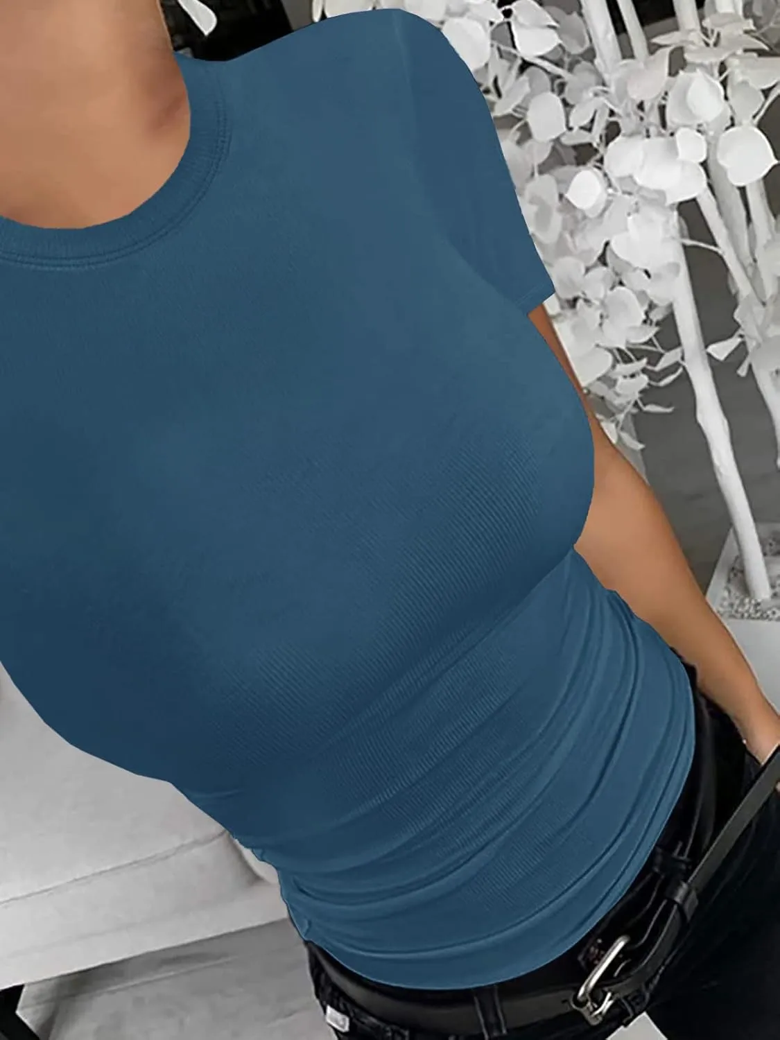 Womens Crewneck Short Sleeve Ribbed T-Shirt Slim Fit Tops Solid Basic Tee