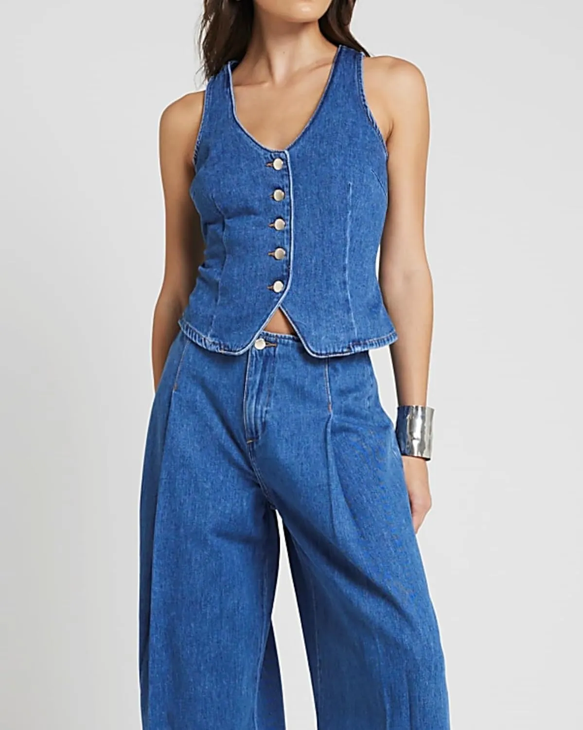 Womens Denim Vest Sleeveless V neck Button Down Casual Jean Suit Waistcoat Vest