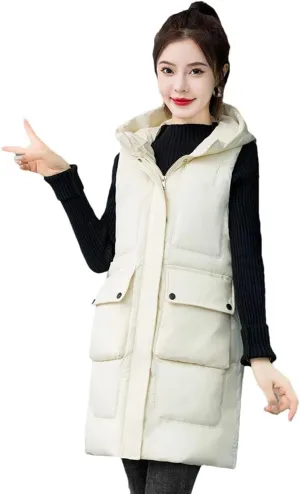 Womens Down Cotton Vests Winter Large Size Loose Cotton-Padded Waistcoat Long Outwear Sleeveless Coat Casual Jacket