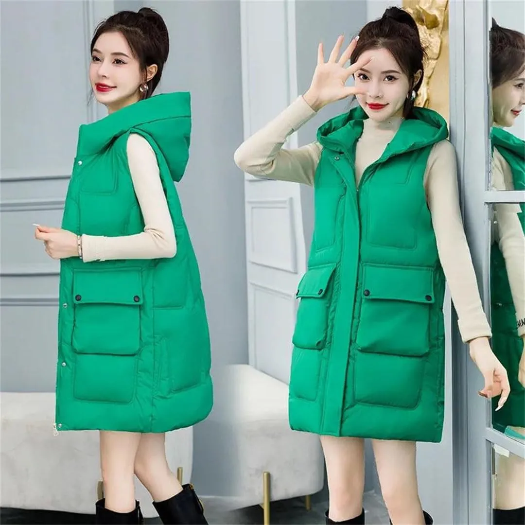 Womens Down Cotton Vests Winter Large Size Loose Cotton-Padded Waistcoat Long Outwear Sleeveless Coat Casual Jacket