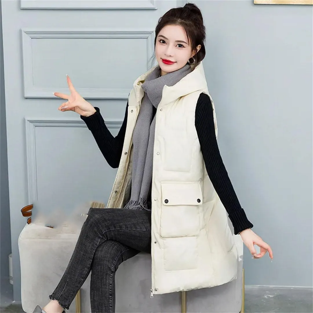Womens Down Cotton Vests Winter Large Size Loose Cotton-Padded Waistcoat Long Outwear Sleeveless Coat Casual Jacket