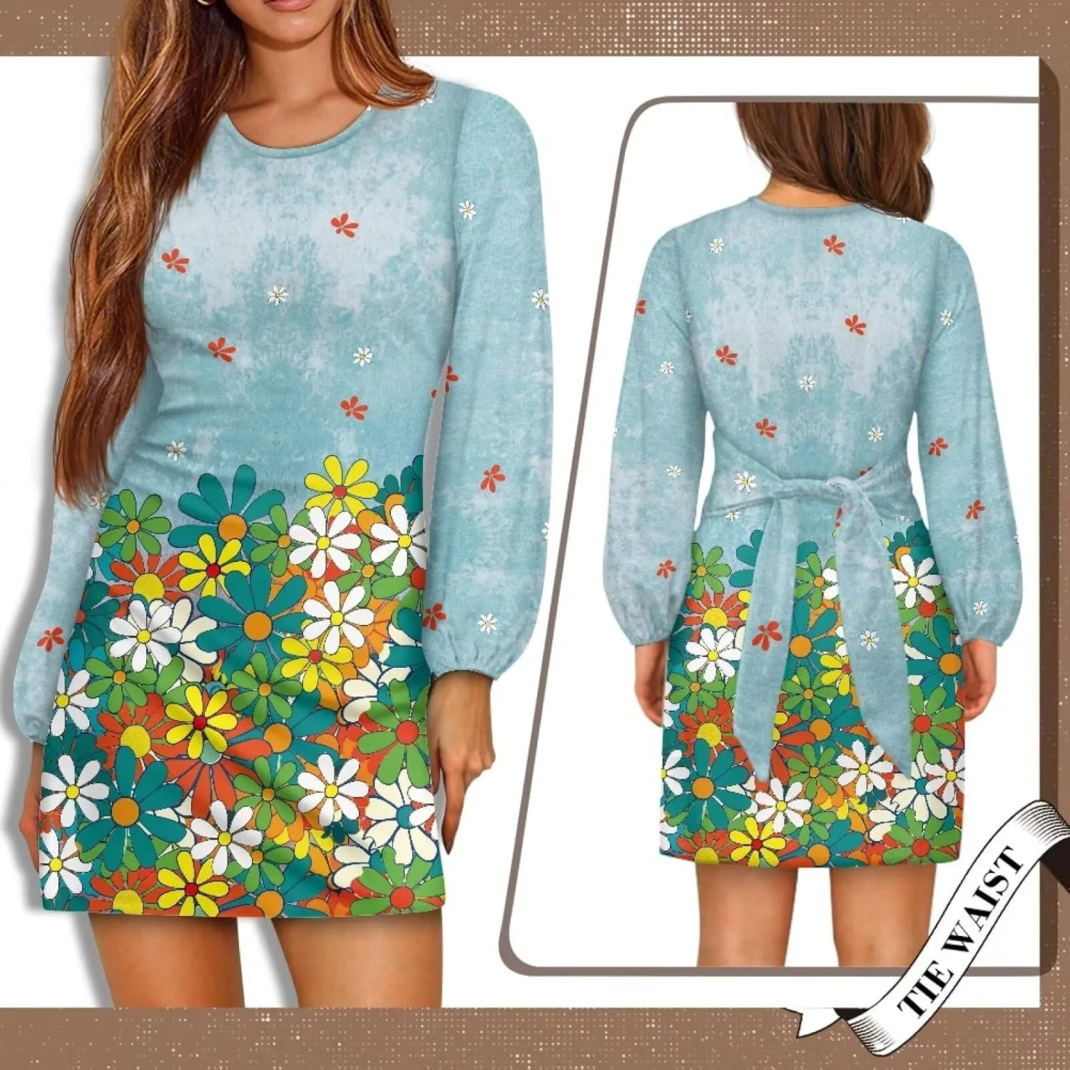 Womens Dresses 2024 Summer Long Sleeve Cut Mini Dress Casual Loose Crewneck Flowy Aline Tie Waist Shirt Outfits