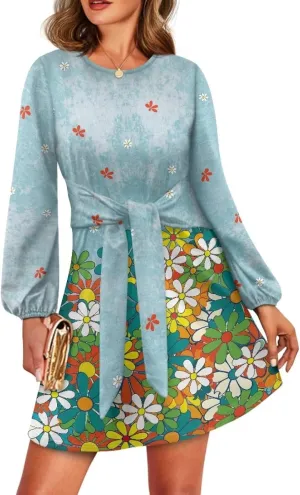 Womens Dresses 2024 Summer Long Sleeve Cut Mini Dress Casual Loose Crewneck Flowy Aline Tie Waist Shirt Outfits