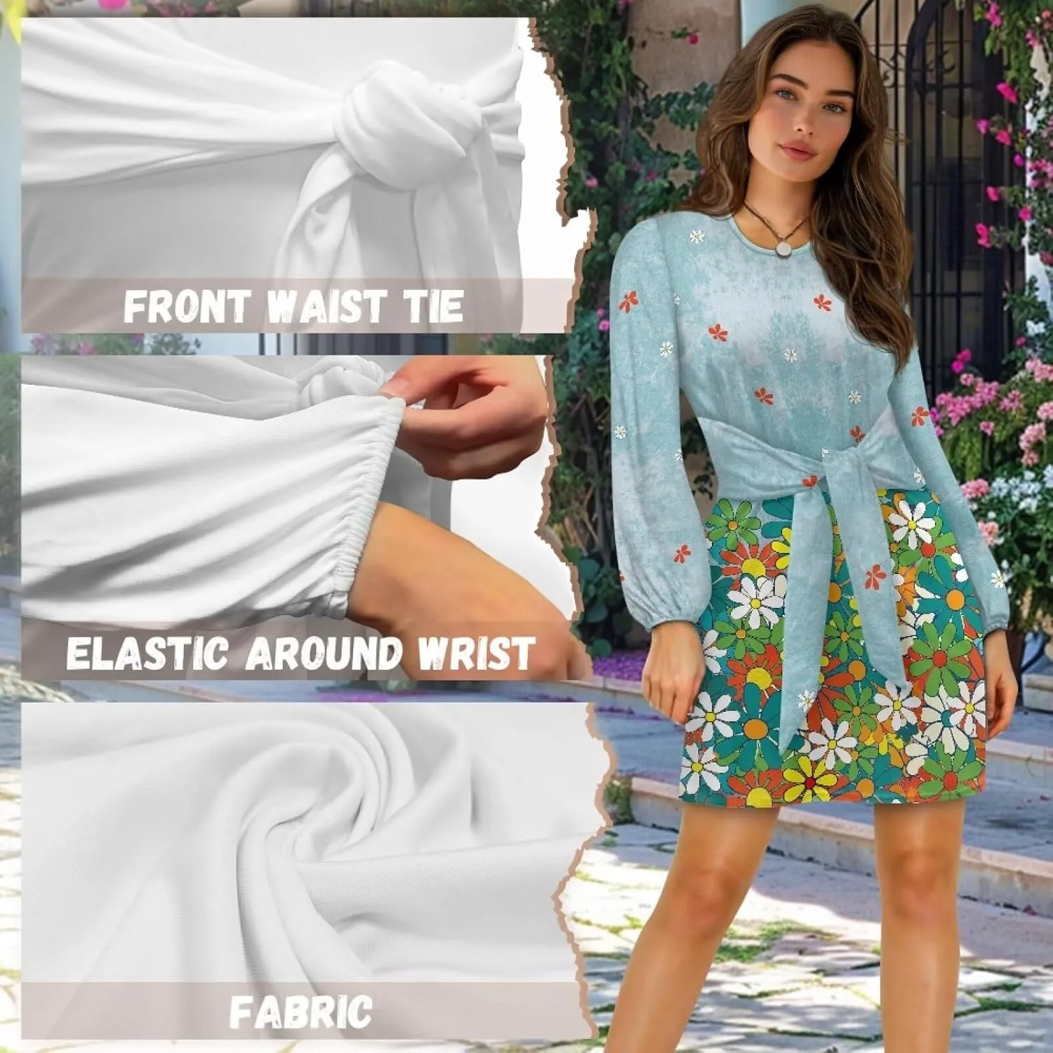 Womens Dresses 2024 Summer Long Sleeve Cut Mini Dress Casual Loose Crewneck Flowy Aline Tie Waist Shirt Outfits