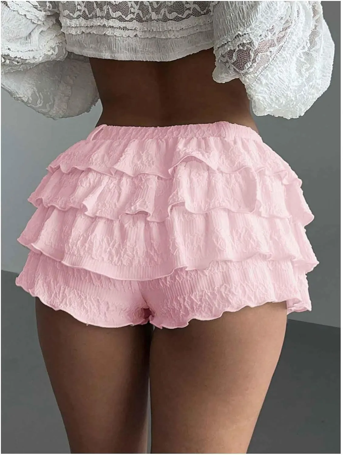 Women's Elastic Waist Ruffle Tiered Shorts Casual Mini Skort Low Rise Bloomers