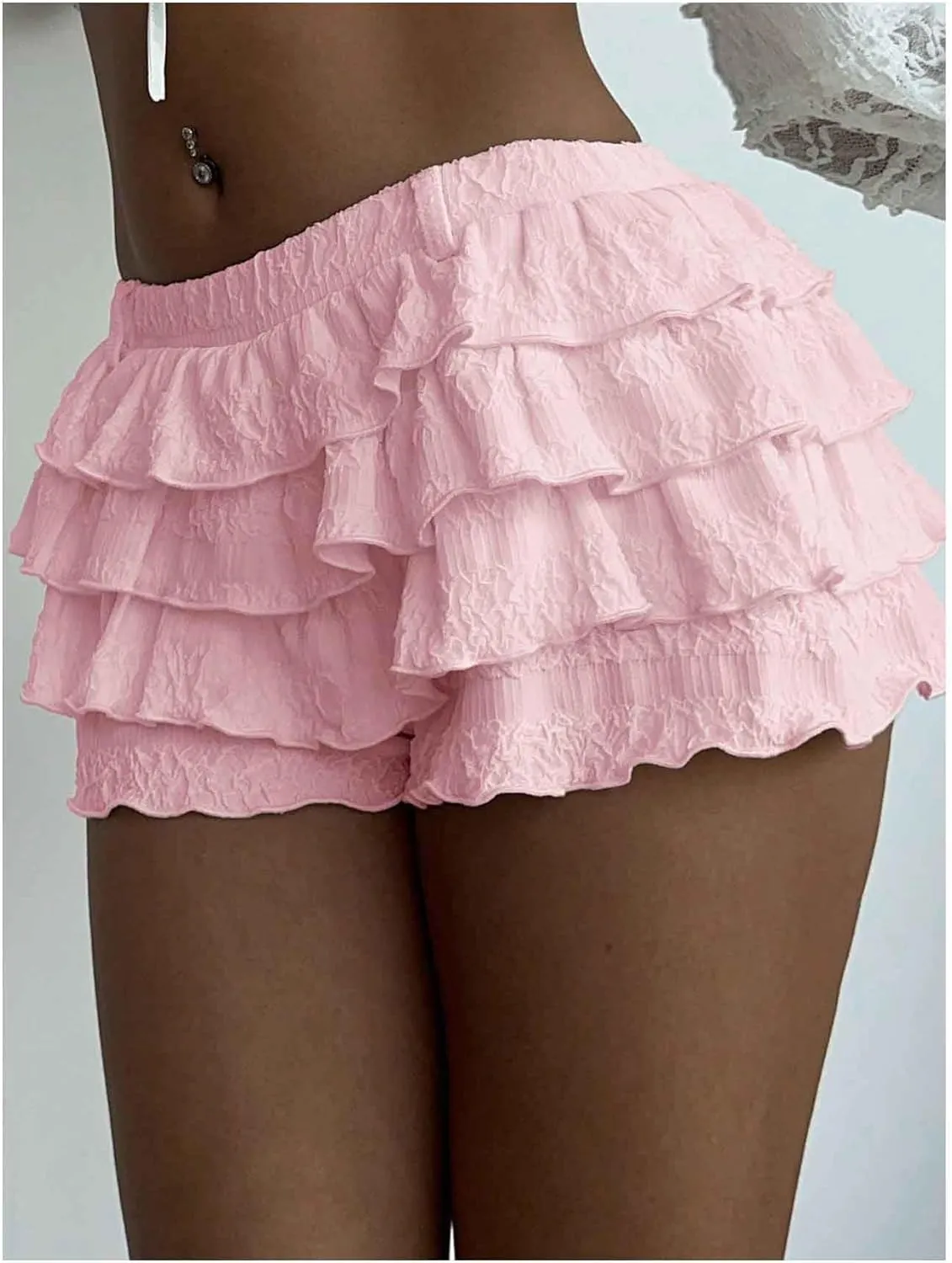 Women's Elastic Waist Ruffle Tiered Shorts Casual Mini Skort Low Rise Bloomers
