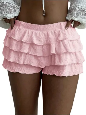 Women's Elastic Waist Ruffle Tiered Shorts Casual Mini Skort Low Rise Bloomers