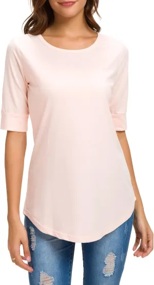 Womens Elbow Length Sleeve Tops Summer Fashion Cotton Blouses Casual Tunic Tee Shirts