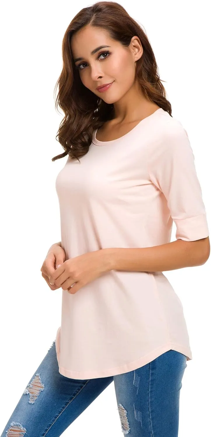 Womens Elbow Length Sleeve Tops Summer Fashion Cotton Blouses Casual Tunic Tee Shirts