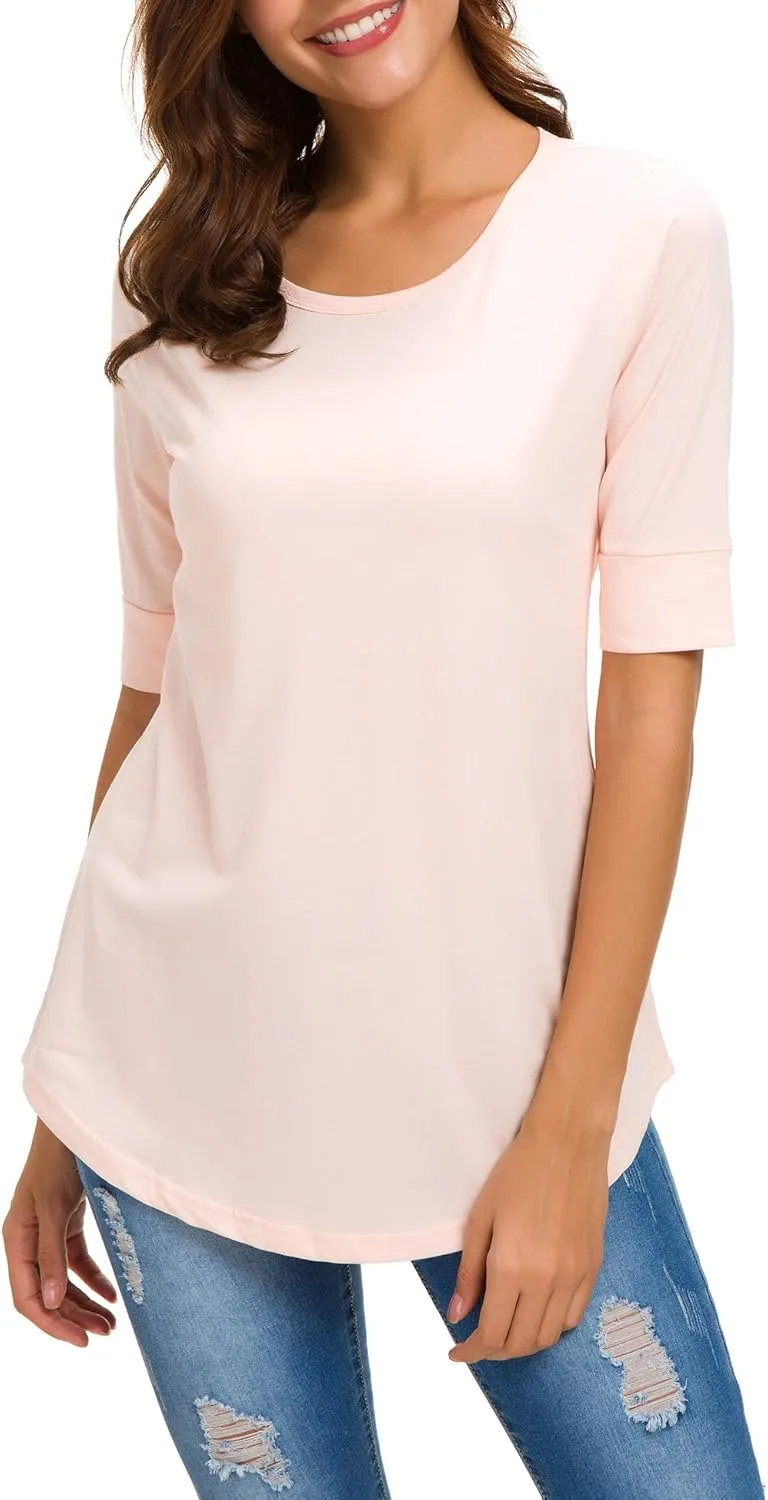 Womens Elbow Length Sleeve Tops Summer Fashion Cotton Blouses Casual Tunic Tee Shirts