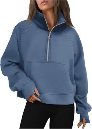 Women's Fashion Casual Half Zipper Short Stand Collar Plus Fleece Solid Color Hoodie Ladies Sweatsuits