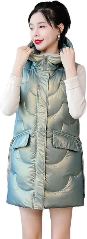 Womens Fashion Glossy Down Cotton Vests Winter Hooded Waistcoat Long Cotton-Padded Coat Vest Sleeveless Outwear