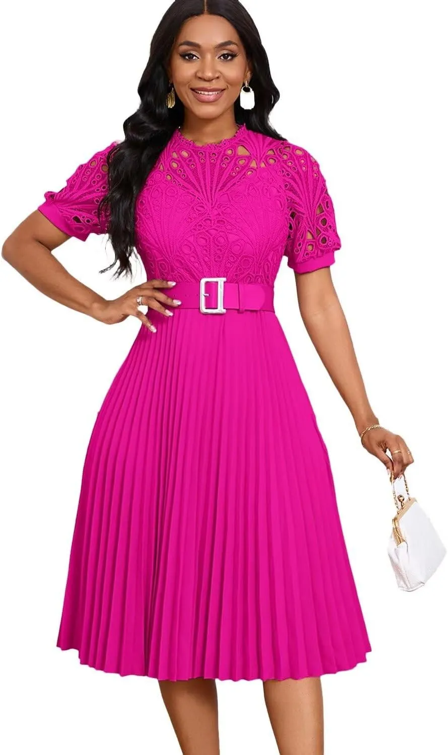 Womens Fashion Lace Dress Cut Out Pleated Sexy Solid Color Midi Prom Dress A-Line Flowy Dresses