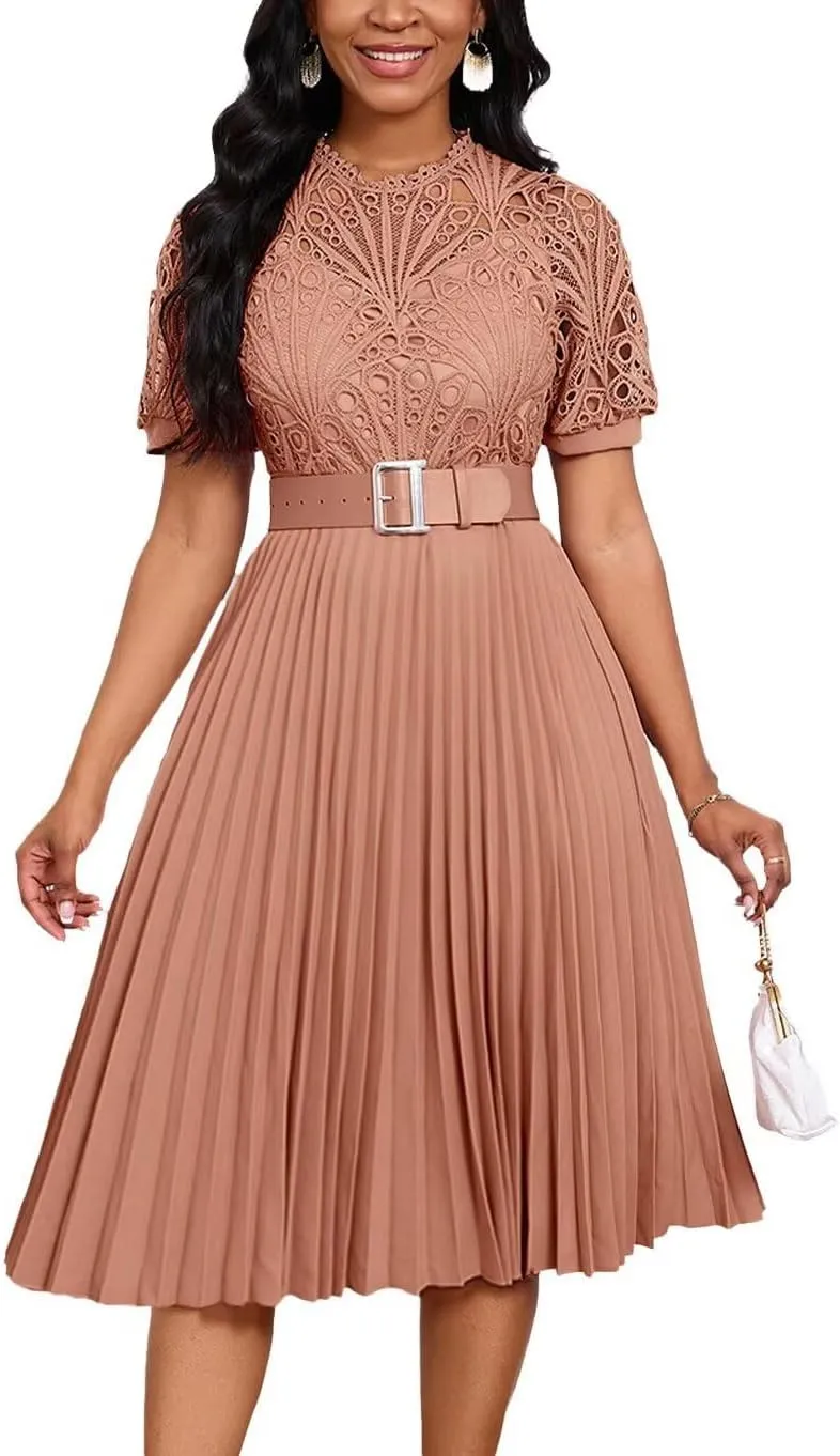 Womens Fashion Lace Dress Cut Out Pleated Sexy Solid Color Midi Prom Dress A-Line Flowy Dresses