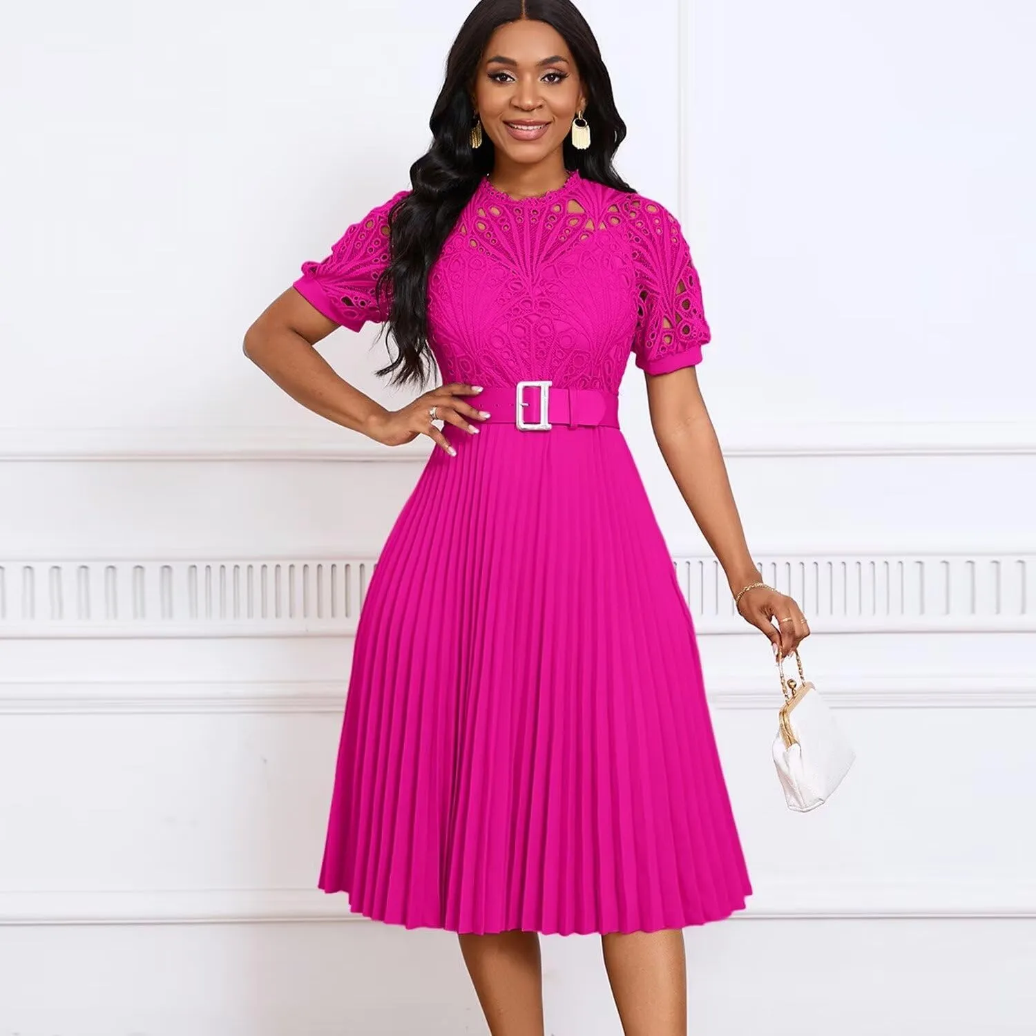 Womens Fashion Lace Dress Cut Out Pleated Sexy Solid Color Midi Prom Dress A-Line Flowy Dresses