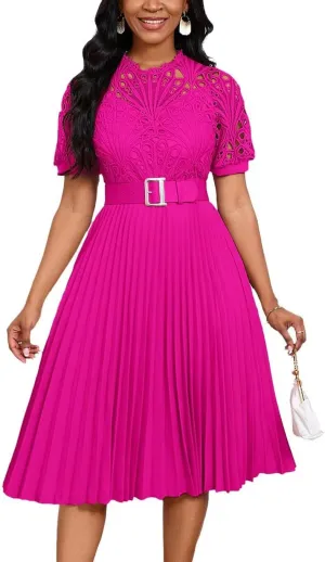 Womens Fashion Lace Dress Cut Out Pleated Sexy Solid Color Midi Prom Dress A-Line Flowy Dresses