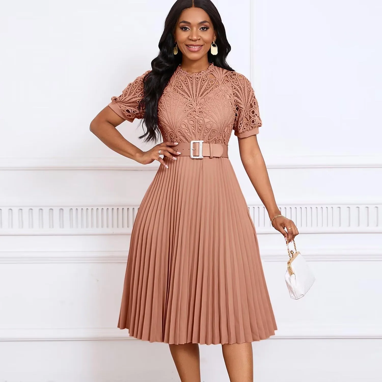 Womens Fashion Lace Dress Cut Out Pleated Sexy Solid Color Midi Prom Dress A-Line Flowy Dresses