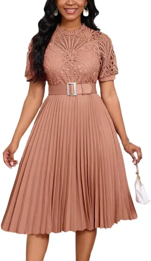 Womens Fashion Lace Dress Cut Out Pleated Sexy Solid Color Midi Prom Dress A-Line Flowy Dresses