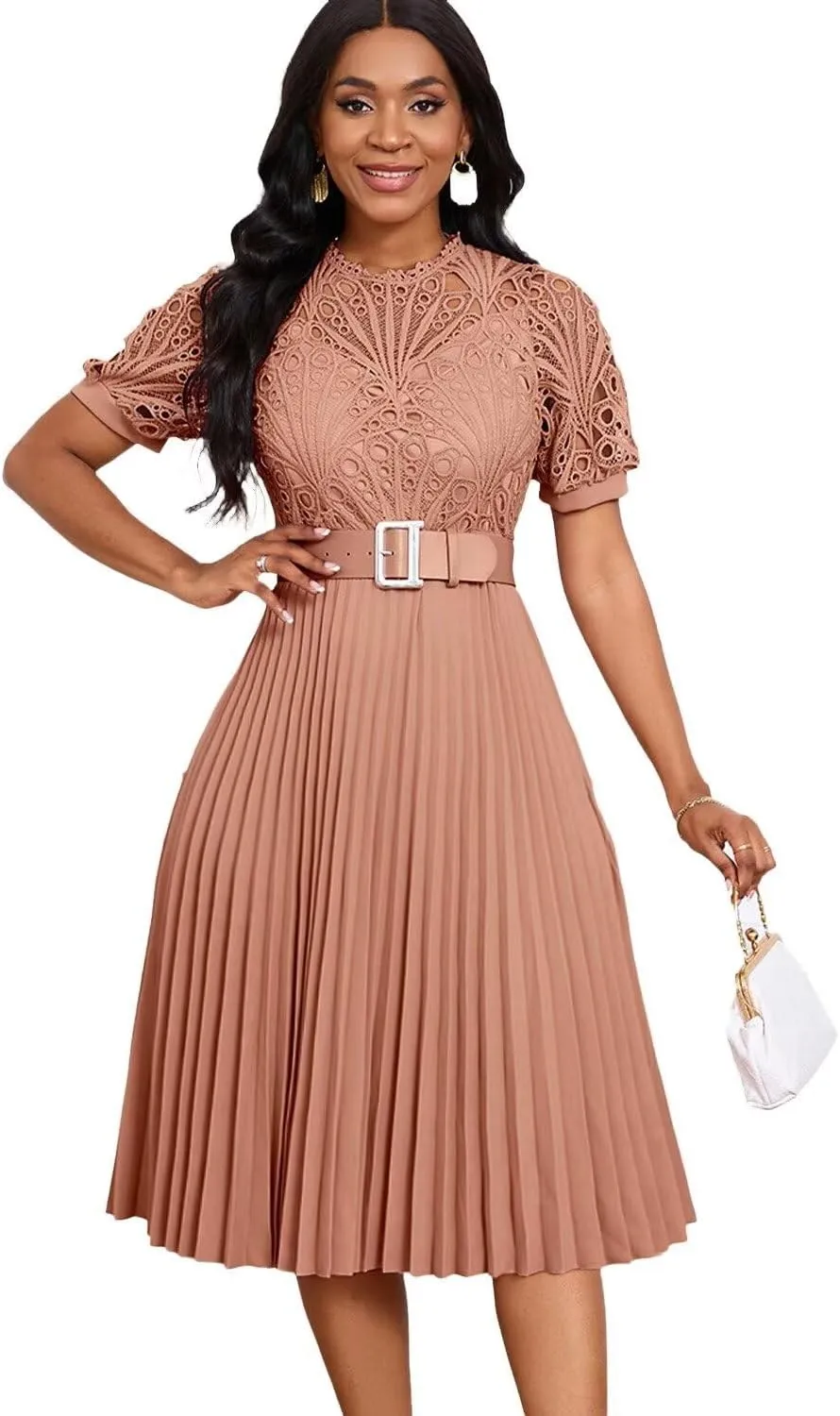 Womens Fashion Lace Dress Cut Out Pleated Sexy Solid Color Midi Prom Dress A-Line Flowy Dresses