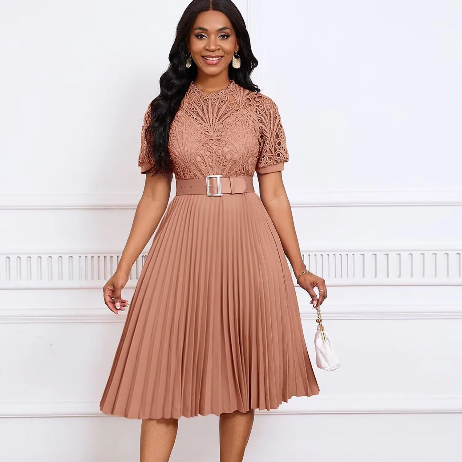 Womens Fashion Lace Dress Cut Out Pleated Sexy Solid Color Midi Prom Dress A-Line Flowy Dresses
