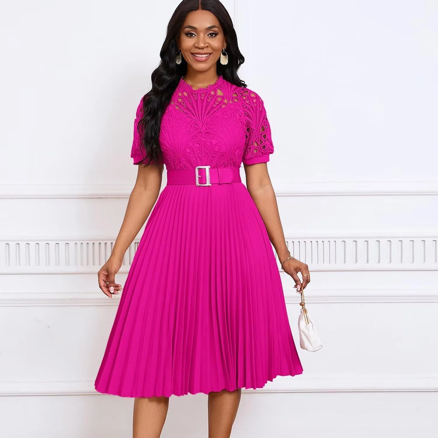 Womens Fashion Lace Dress Cut Out Pleated Sexy Solid Color Midi Prom Dress A-Line Flowy Dresses