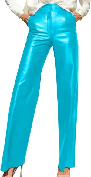 Women's Faux Leather Pants Slim High Waist Trousers Casual Straight Wide Leg Pants Butt Lifting Solid Color Trousers