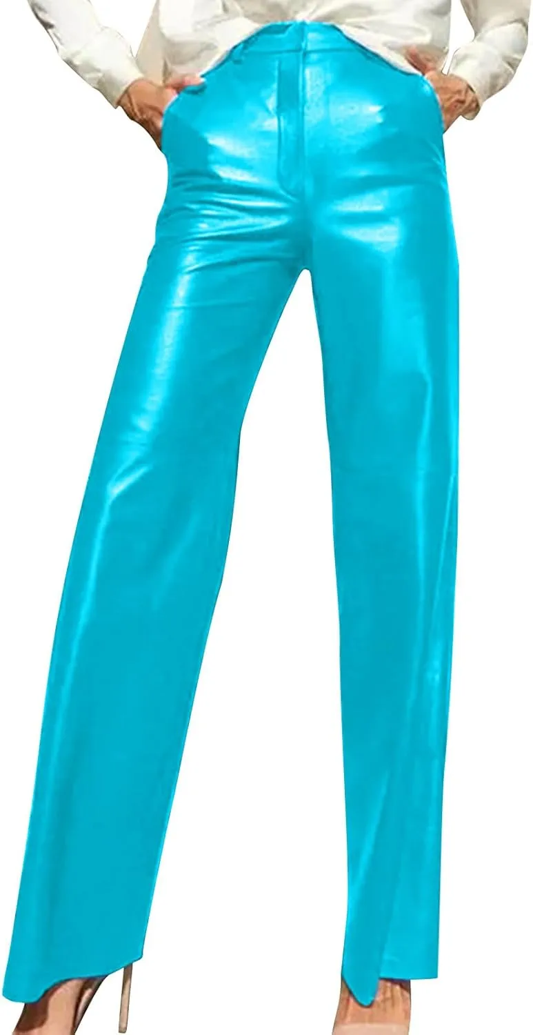 Women's Faux Leather Pants Slim High Waist Trousers Casual Straight Wide Leg Pants Butt Lifting Solid Color Trousers