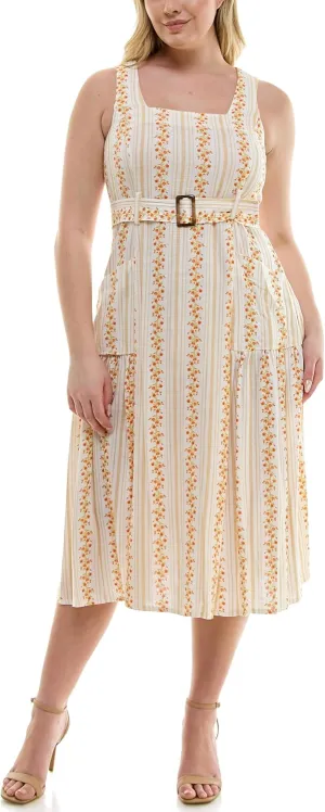 Women's Floral Striped Pocket Midi Dress
