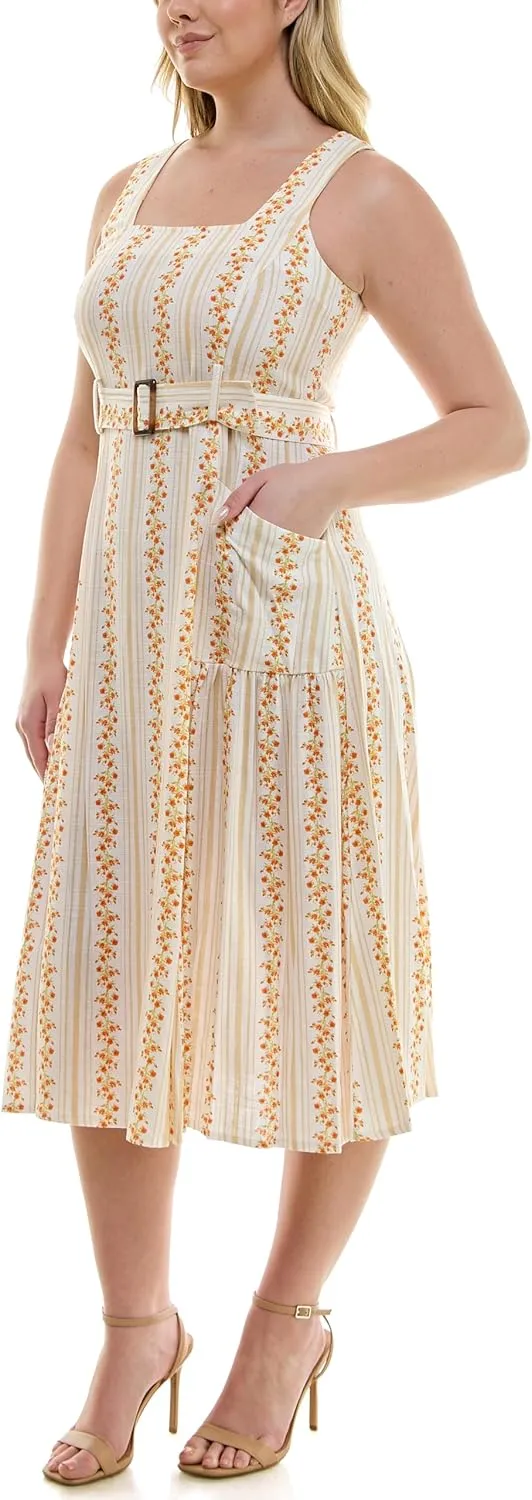 Women's Floral Striped Pocket Midi Dress