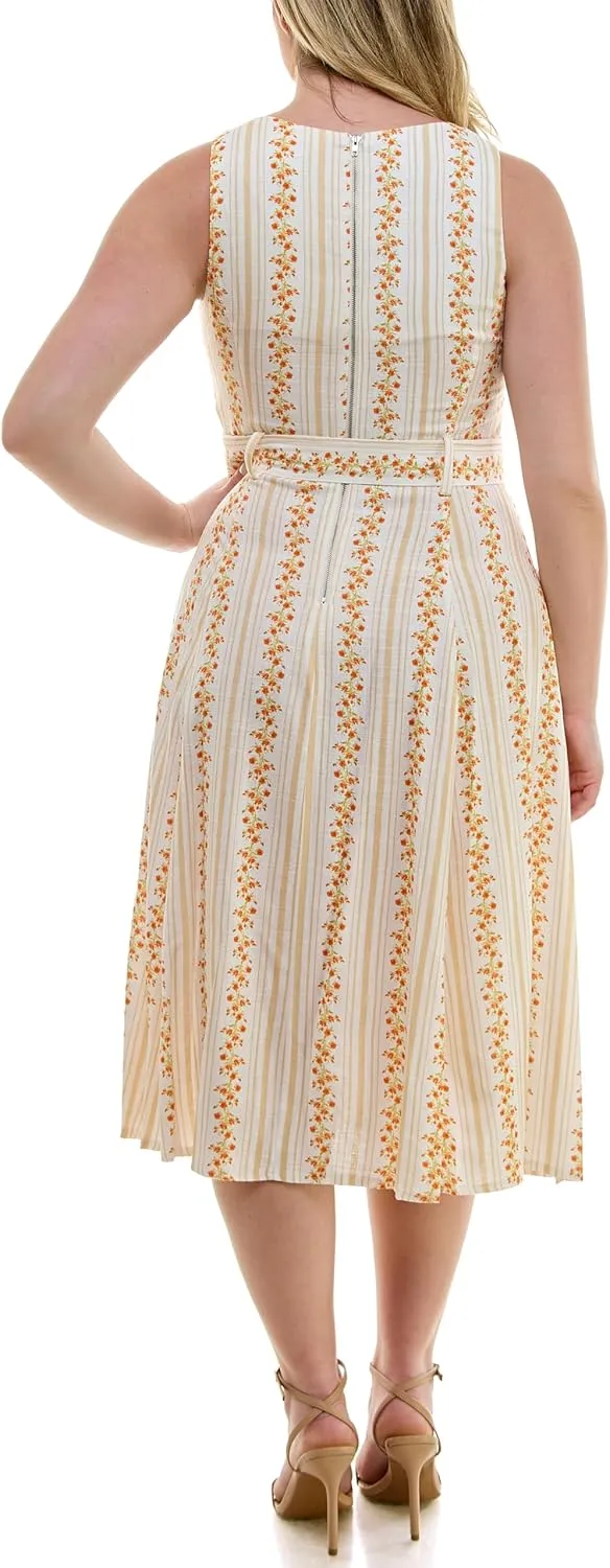 Women's Floral Striped Pocket Midi Dress