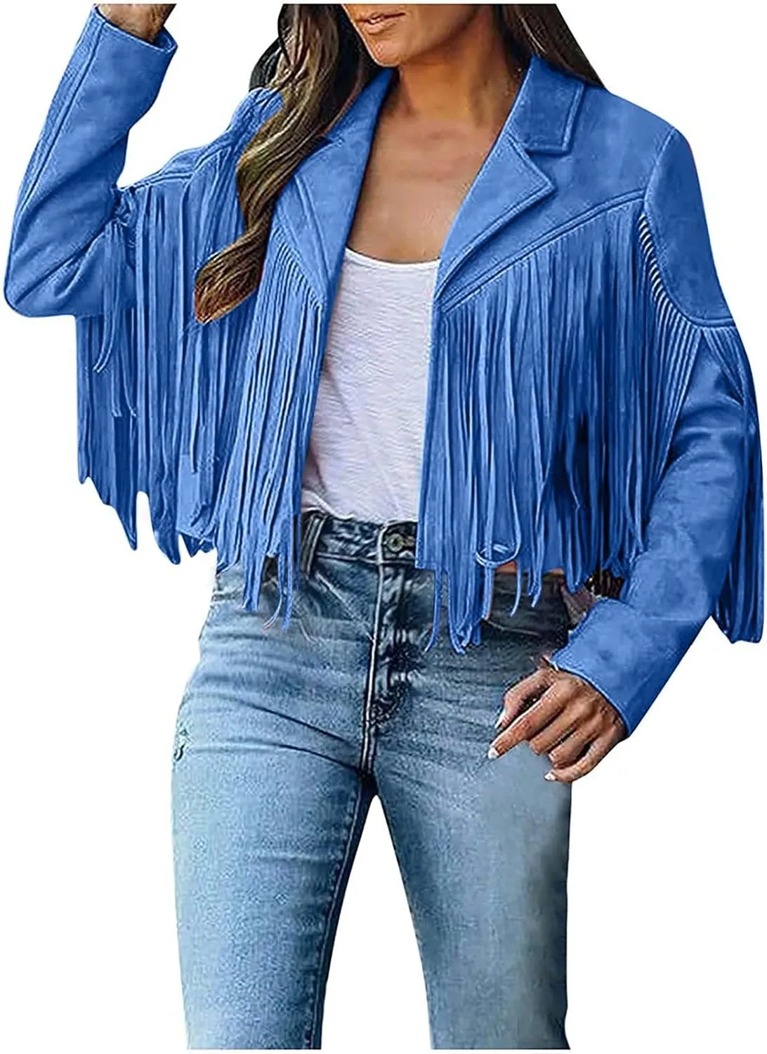 Women's Fringe Faux Suede Leather Jackets Fashion Tassel Cropped Coats Fringe Cropped Jacket Tassel Suede Moto Jacket
