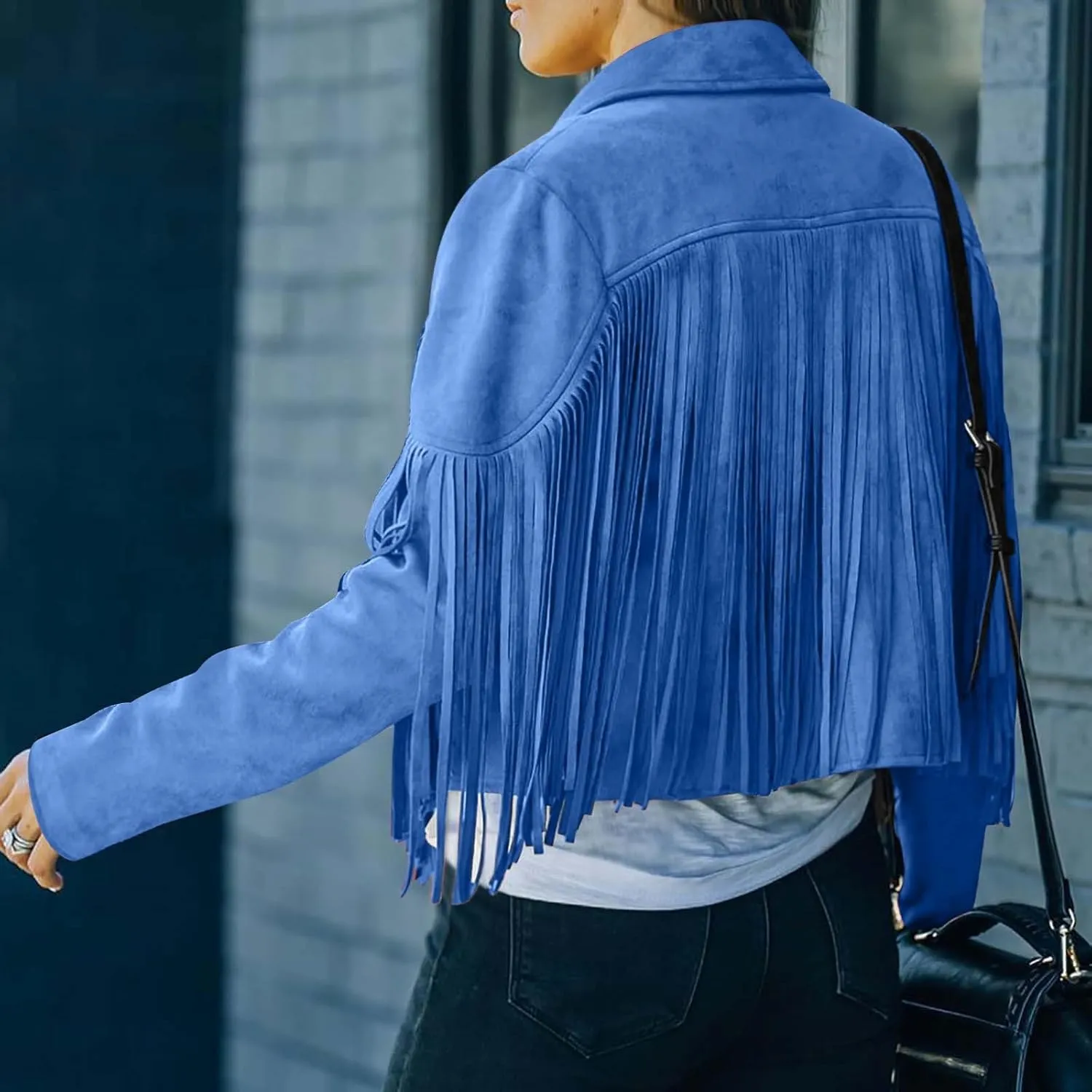 Women's Fringe Faux Suede Leather Jackets Fashion Tassel Cropped Coats Fringe Cropped Jacket Tassel Suede Moto Jacket
