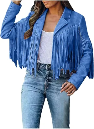 Women's Fringe Faux Suede Leather Jackets Fashion Tassel Cropped Coats Fringe Cropped Jacket Tassel Suede Moto Jacket