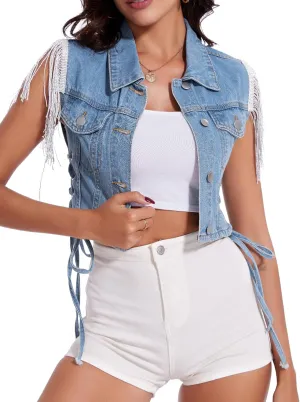 Women's Fringe Sleeveless Cropped Denim Vest Jean Jacket Outfit Tops
