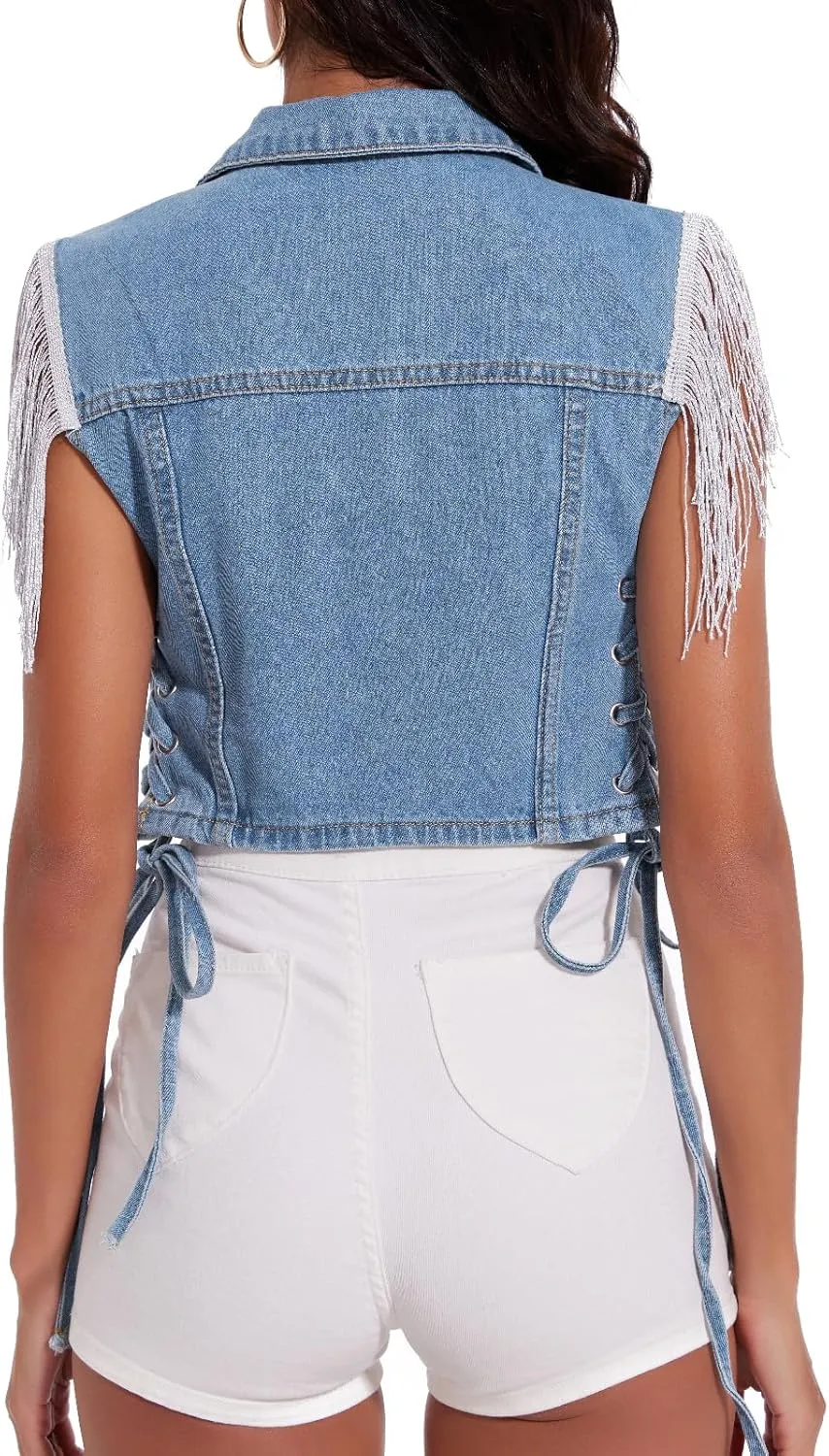 Women's Fringe Sleeveless Cropped Denim Vest Jean Jacket Outfit Tops