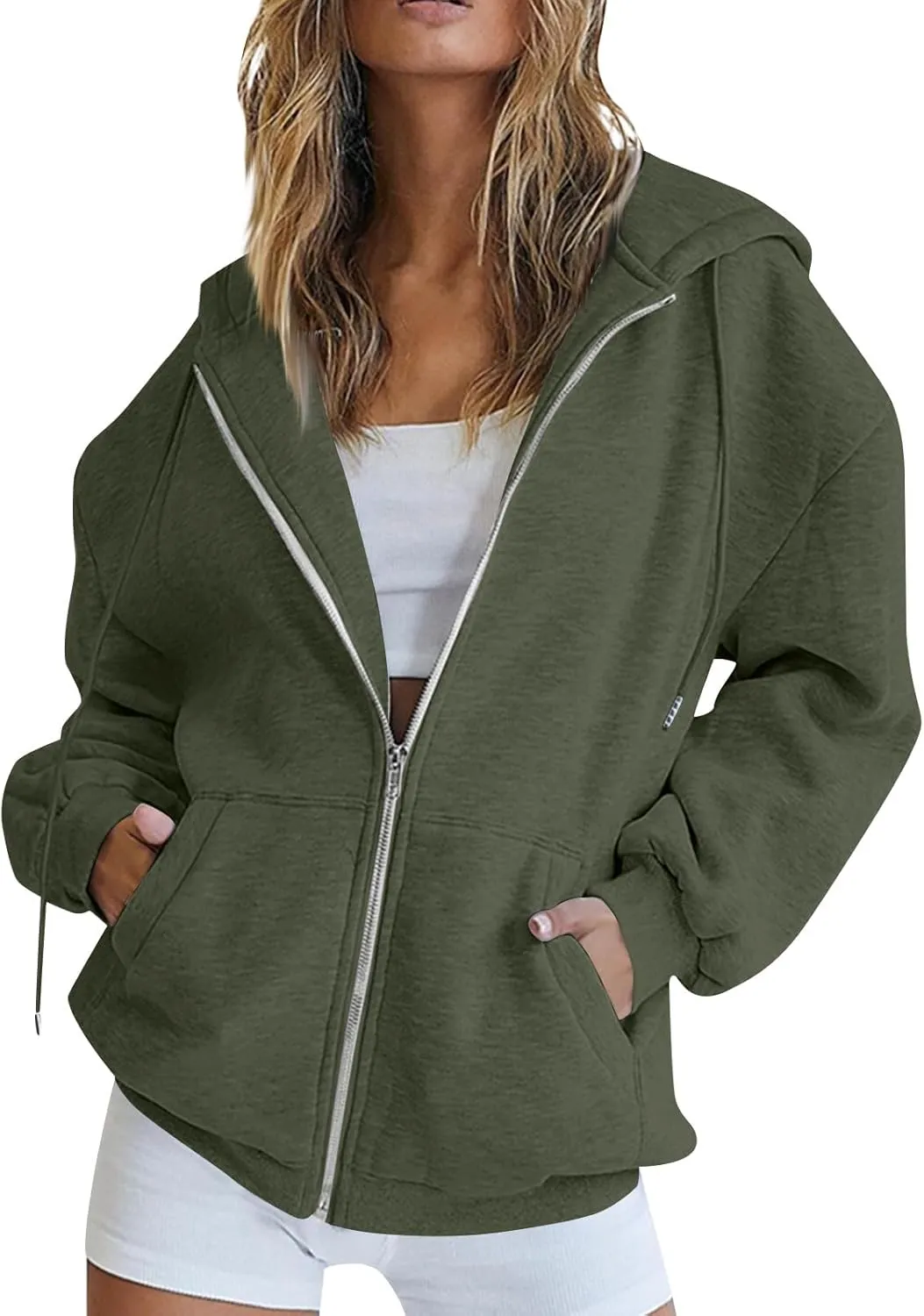 Womens Full Zip Hoodie Y2K Drop Shoulder Fleece Oversized Sweatshirt Baggy Lightweight Comfy Hooded Jackets w/Pockets