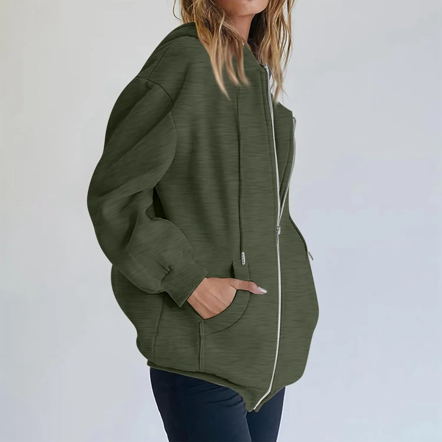 Womens Full Zip Hoodie Y2K Drop Shoulder Fleece Oversized Sweatshirt Baggy Lightweight Comfy Hooded Jackets w/Pockets