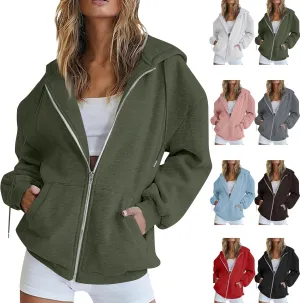 Womens Full Zip Hoodie Y2K Drop Shoulder Fleece Oversized Sweatshirt Baggy Lightweight Comfy Hooded Jackets w/Pockets
