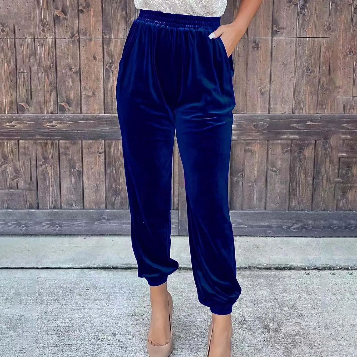 Women's Golden Velvet Harem Pants High Waist Yoga Trousers Casual Track Cuff Stretch Trousers with Pockets